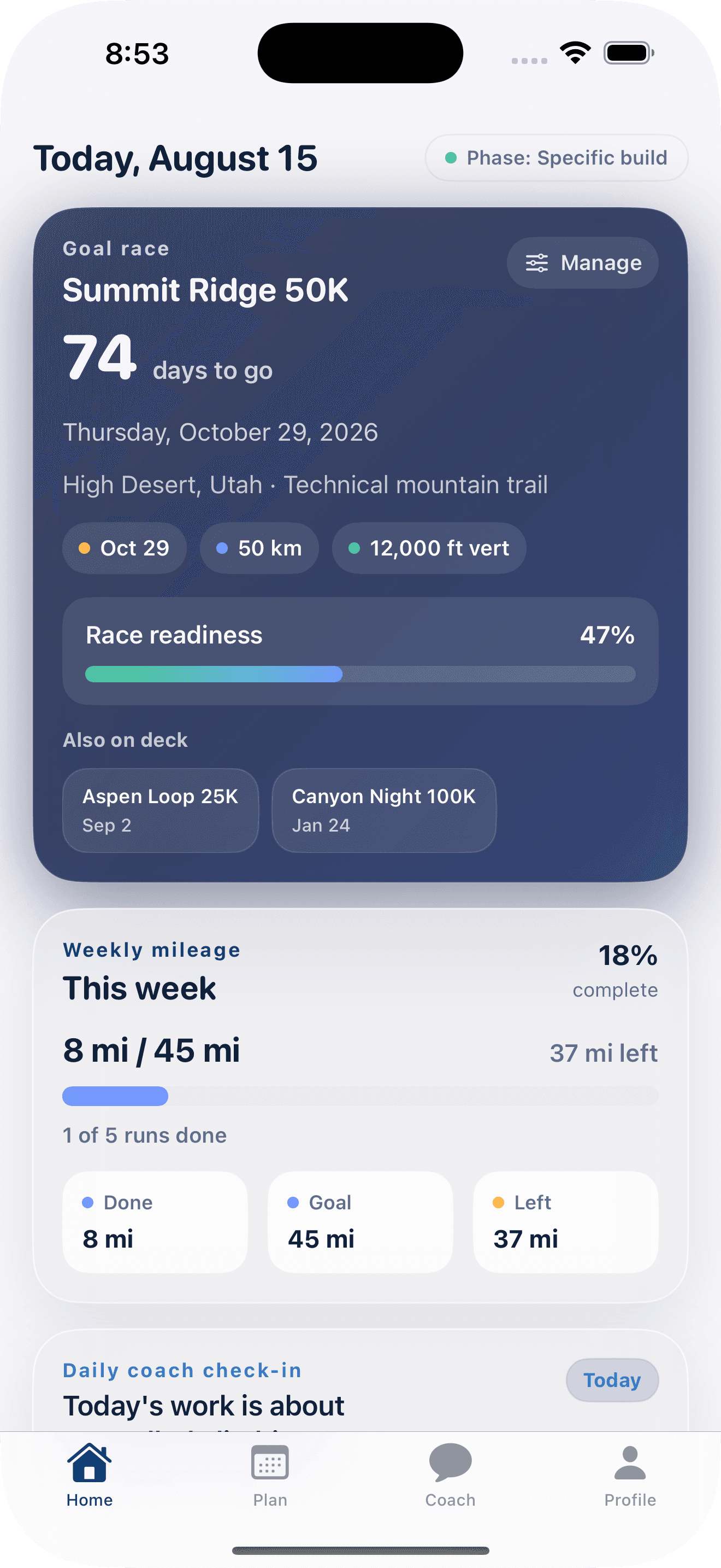 Ultra Plan home screen showing a goal race, race readiness, weekly mileage, and daily coach guidance